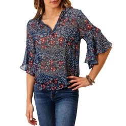 Roper Women's Floral Flutter Sleeve Blouse