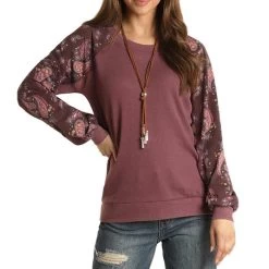Panhandle Women's Paisley Sleeve Waffle Knit Shirt