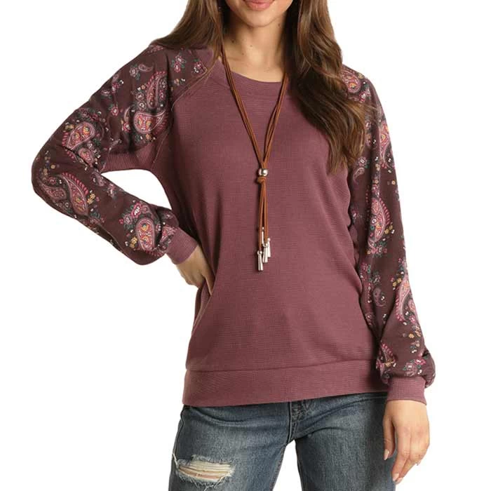 Panhandle Women's Paisley Sleeve Waffle Knit Shirt
