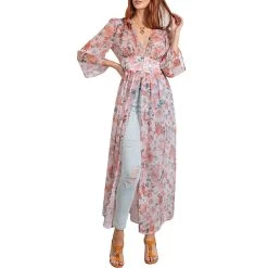 Easel Women's Empire Button Waist Floral Kimono