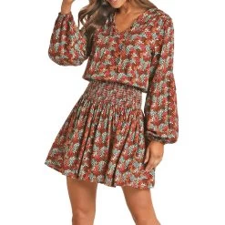 Rock & Roll Cowgirl Women's Floral Print Smocked Waist Mini Dress