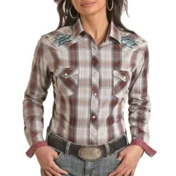 Rough Stock Women's Floral Yoke Plaid Snap Shirt