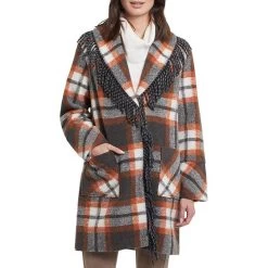 Tribal Women's Fringe Trim Plaid Coat